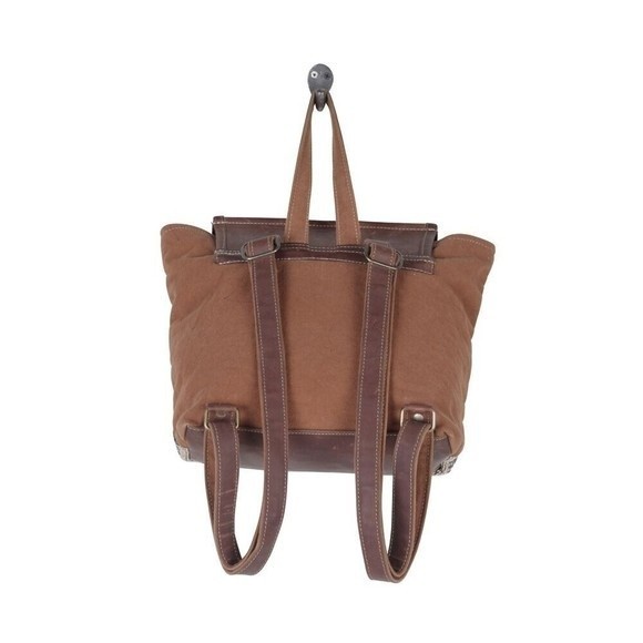 Myra Bag Handmade Terreous  Backpack Upcycled Canvas & Cowhide Leather - Picture 6 of 9